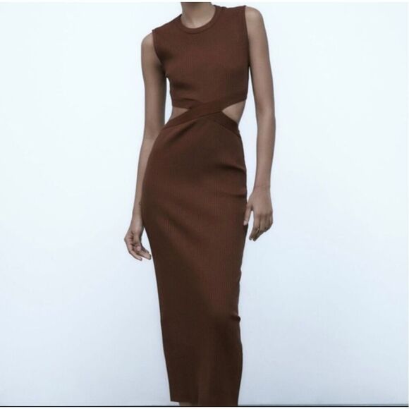 NWT Zara Brown Sleeveless Cut Out Midi Dress Size Medium - Picture 1 of 10